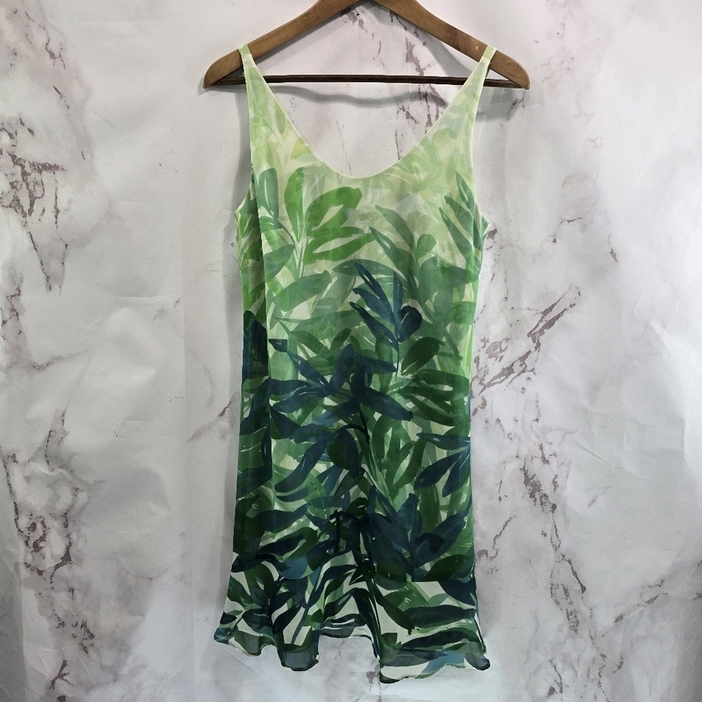Cabi Dress Womens XS Green Tank Blouson Chiffon Castaway Tropical Leaf 5235
